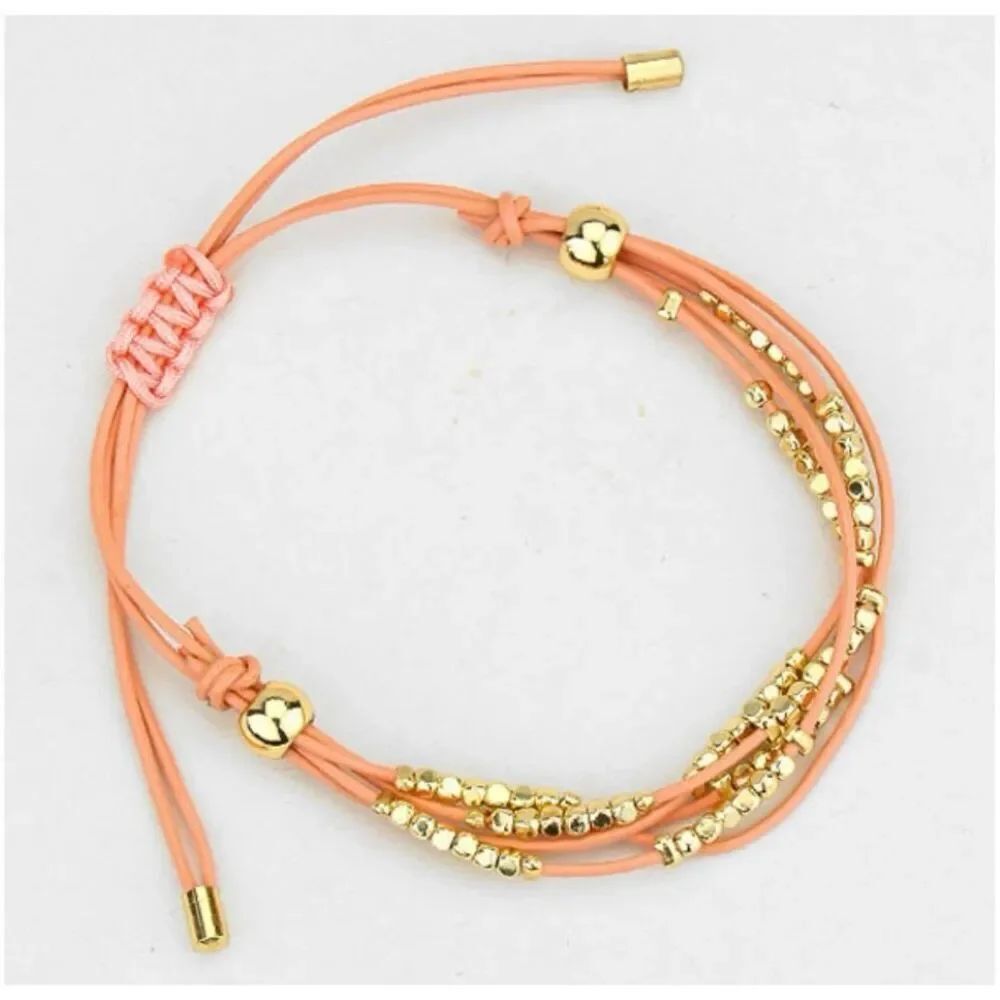 New Womens Boutique Peach & Gold Adjustable Gold Beaded Bracelet